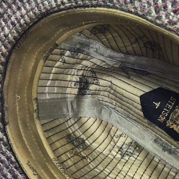 Stetson Hat Vintage Tweed Wool Feather Fedora Hat Brown Wool Plaid - Picture 9 of 10